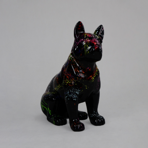 Black ceramic bulldog figurine with colorful paint splatters.