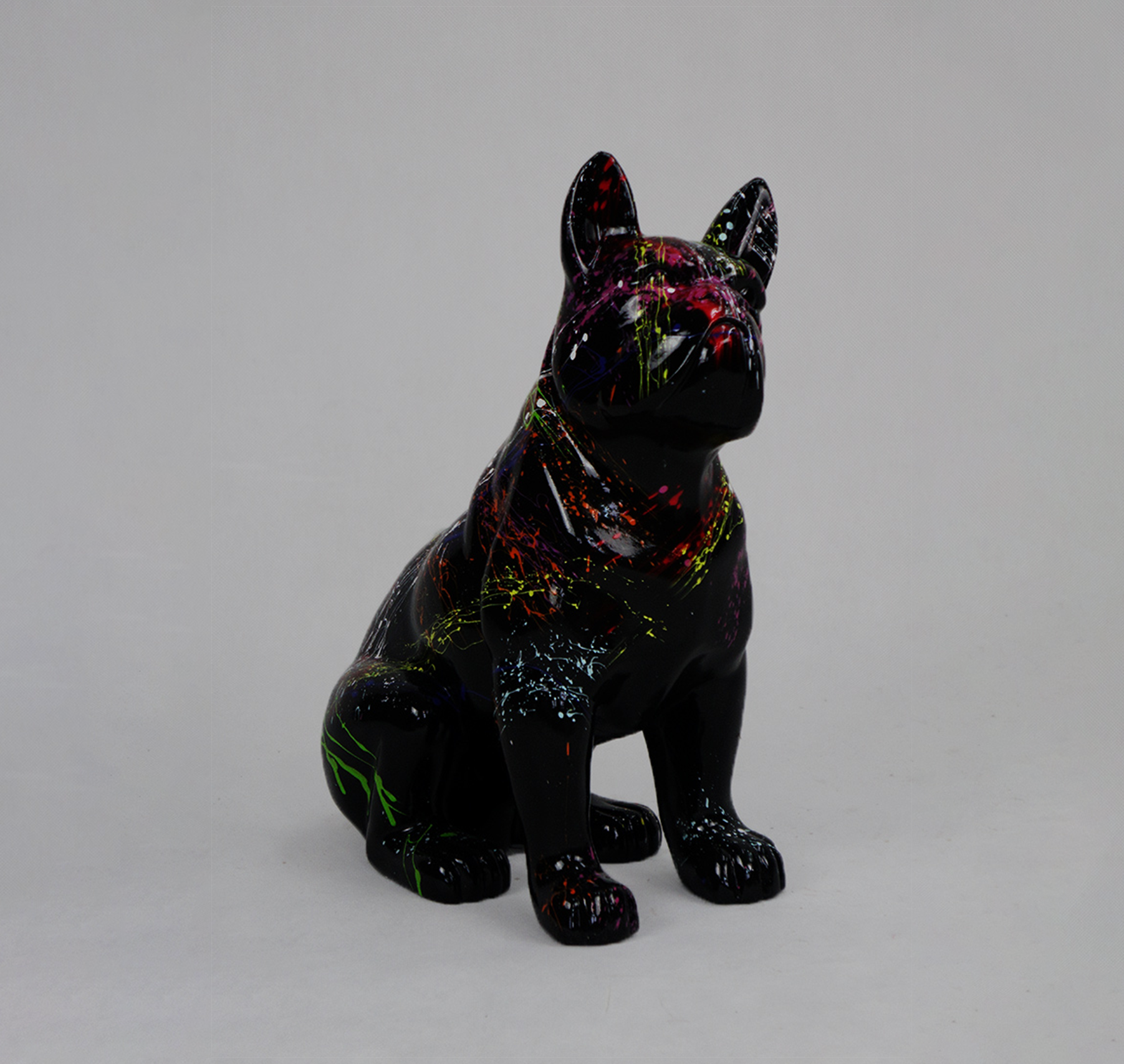 Boston Bulldog M - splash 2 Black ceramic bulldog figurine with colorful paint splatters.