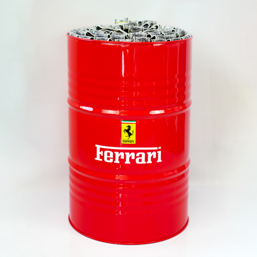 Red Ferrari-branded drum filled with crushed aluminum cans.