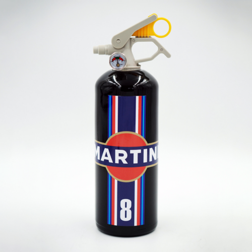 A black fire extinguisher with a white, red, and blue-striped design, labeled 