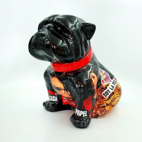 Black ceramic bulldog figurine with red collar, decorated with images and text from a popular TV series.