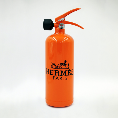 An orange fire extinguisher with the 
