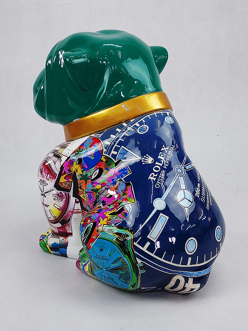 Bulldog Angelo 60cm dog - Rolex 2 Colorful ceramic or plastic bulldog figure with a green head, decorated with vibrant watch faces and