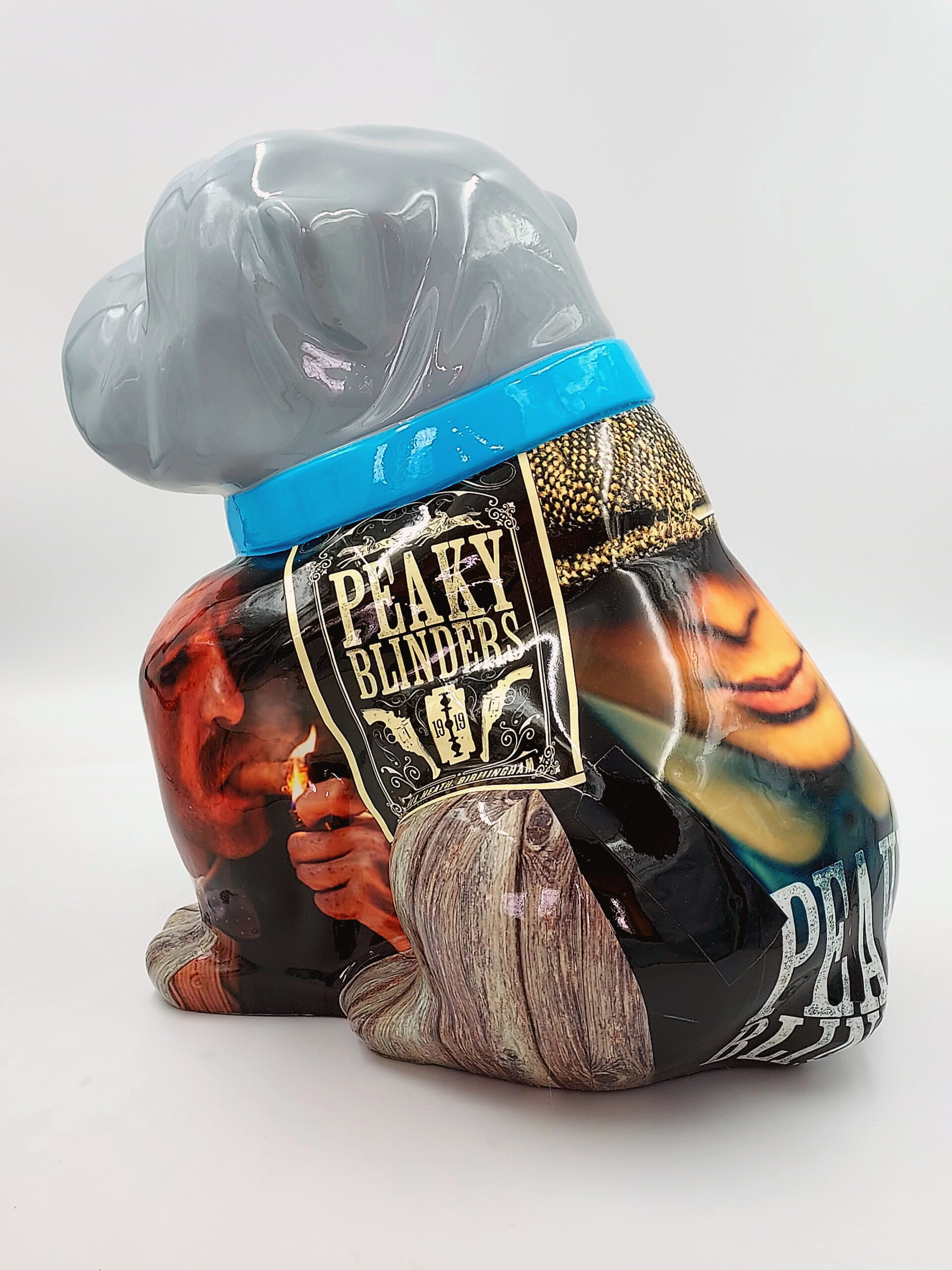 Bulldog Angelo 60cm dog - Peaky Blinders 2 Gray dog sculpture with a blue collar, featuring a painted design inspired by the TV show