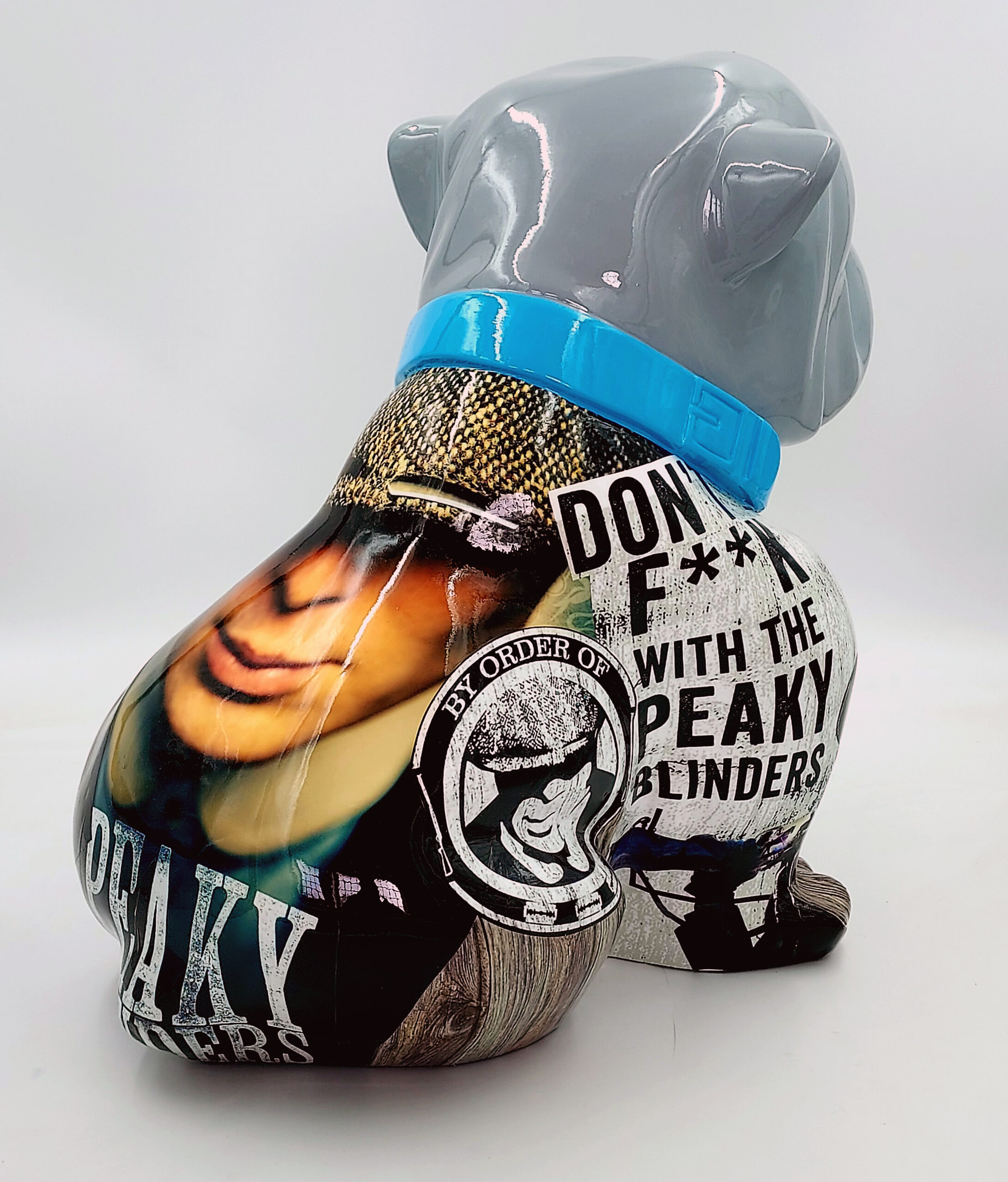 Bulldog Angelo 60cm dog - Peaky Blinders 3 A sculpture of a dog covered in images and text related to the TV show