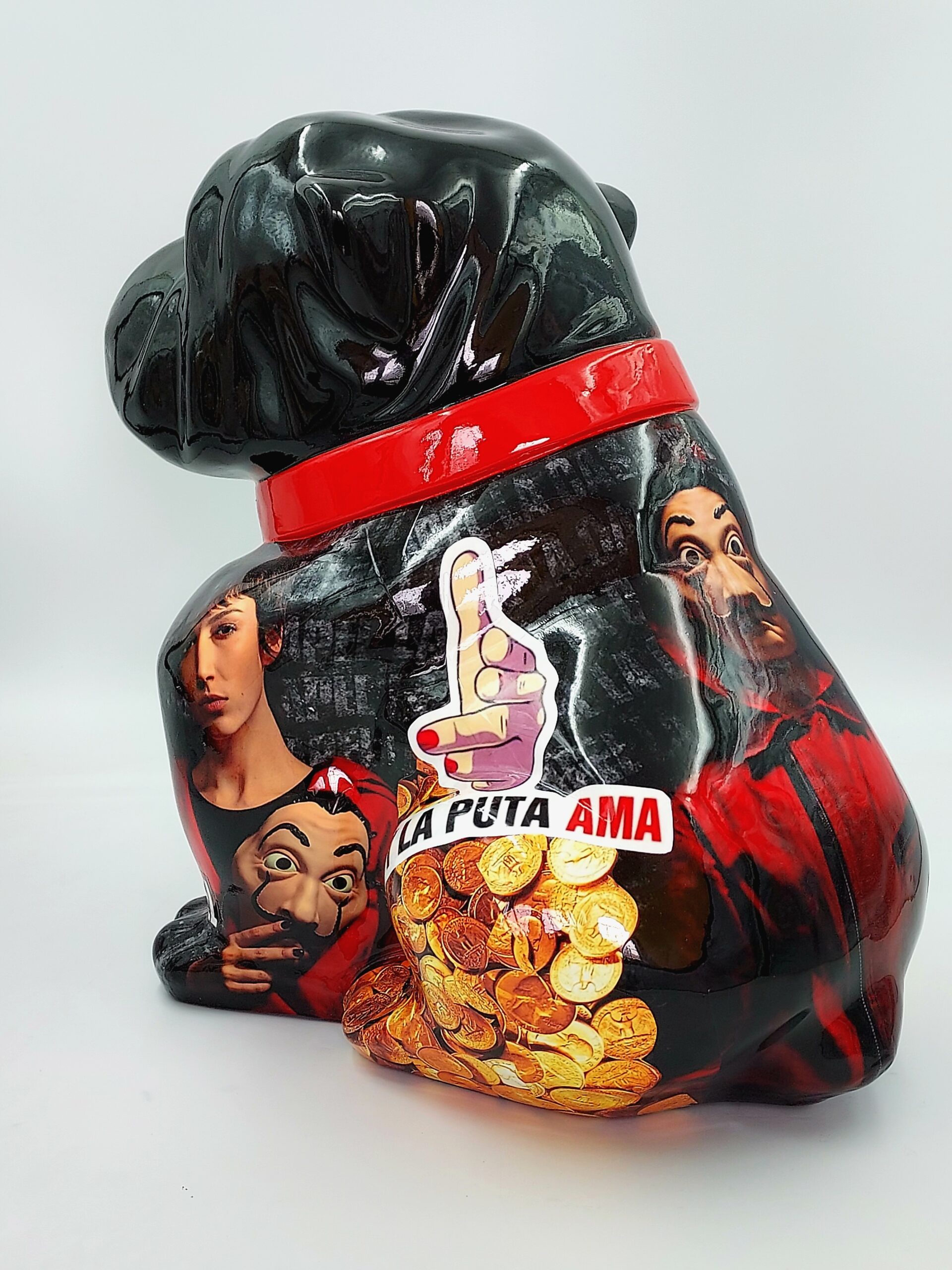 Bulldog Angelo 60cm dog - La Casa de Papel 2 Decorative black dog sculpture with red collar, featuring stickers of characters from
