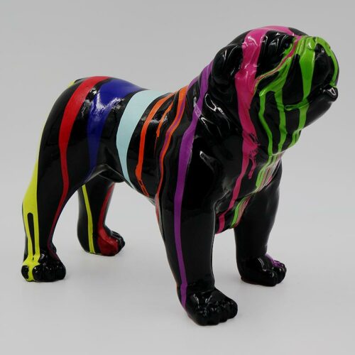 A black bulldog sculpture with colorful paint drips and stripes in green, pink, purple, blue, red, yellow, and orange.