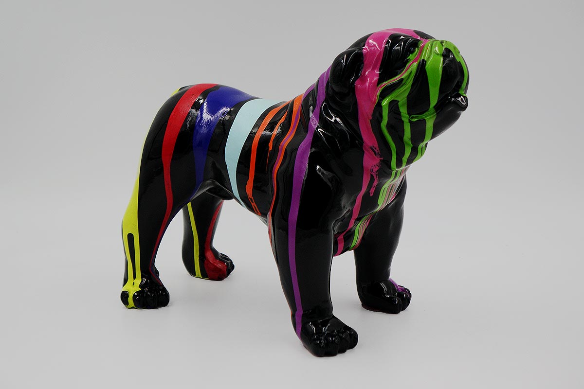 Bulldog USA XS Dog Collar - Black Trash 1 A black bulldog sculpture with colorful paint drips and stripes in green, pink, purple, blue, red, yellow, and orange.