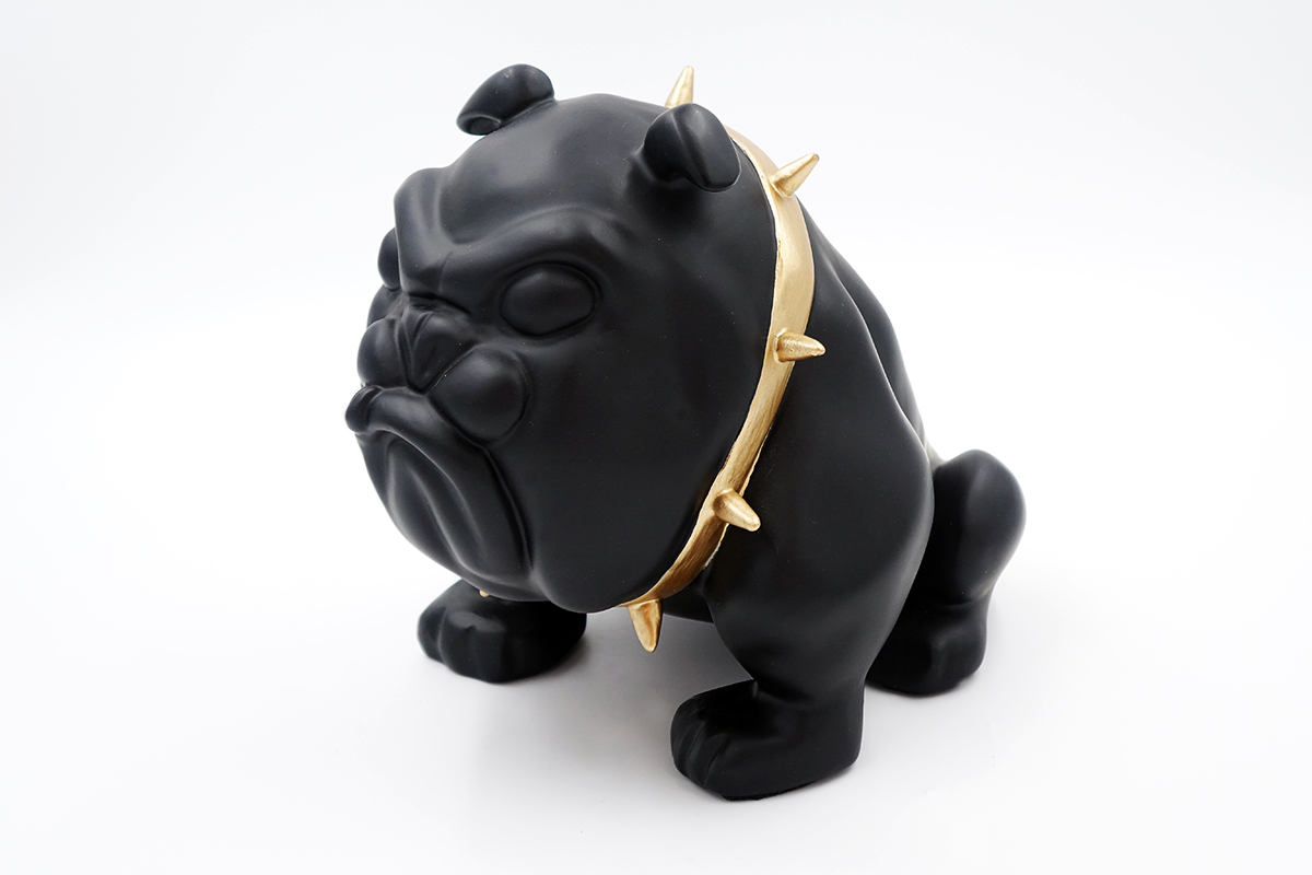 Bulldog Avella 55cm Dog - Black Matte 1 Black bulldog figurine wearing a gold spiked collar.
