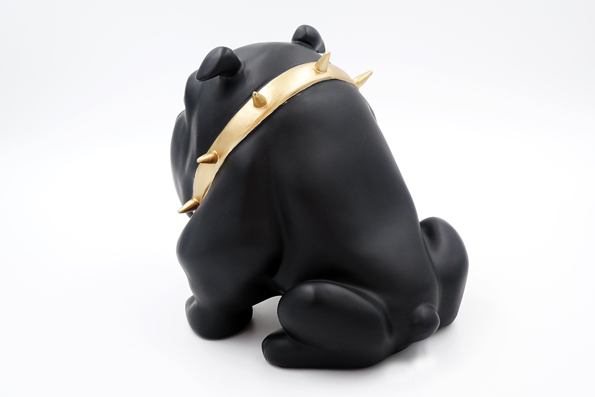 Bulldog Avella 55cm Dog - Black Matte 2 Black bulldog figurine wearing a gold spiked collar, viewed from the back.