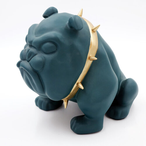 Dark green bulldog figurine wearing a gold spiked collar.
