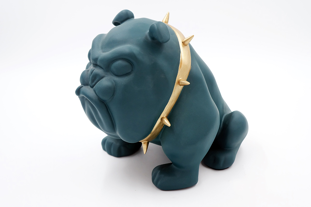 Bulldog Avella Dog 55cm - Green Mat 1 Dark green bulldog figurine wearing a gold spiked collar.