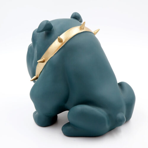 Dark green figurine of a bulldog with a golden spiked collar.