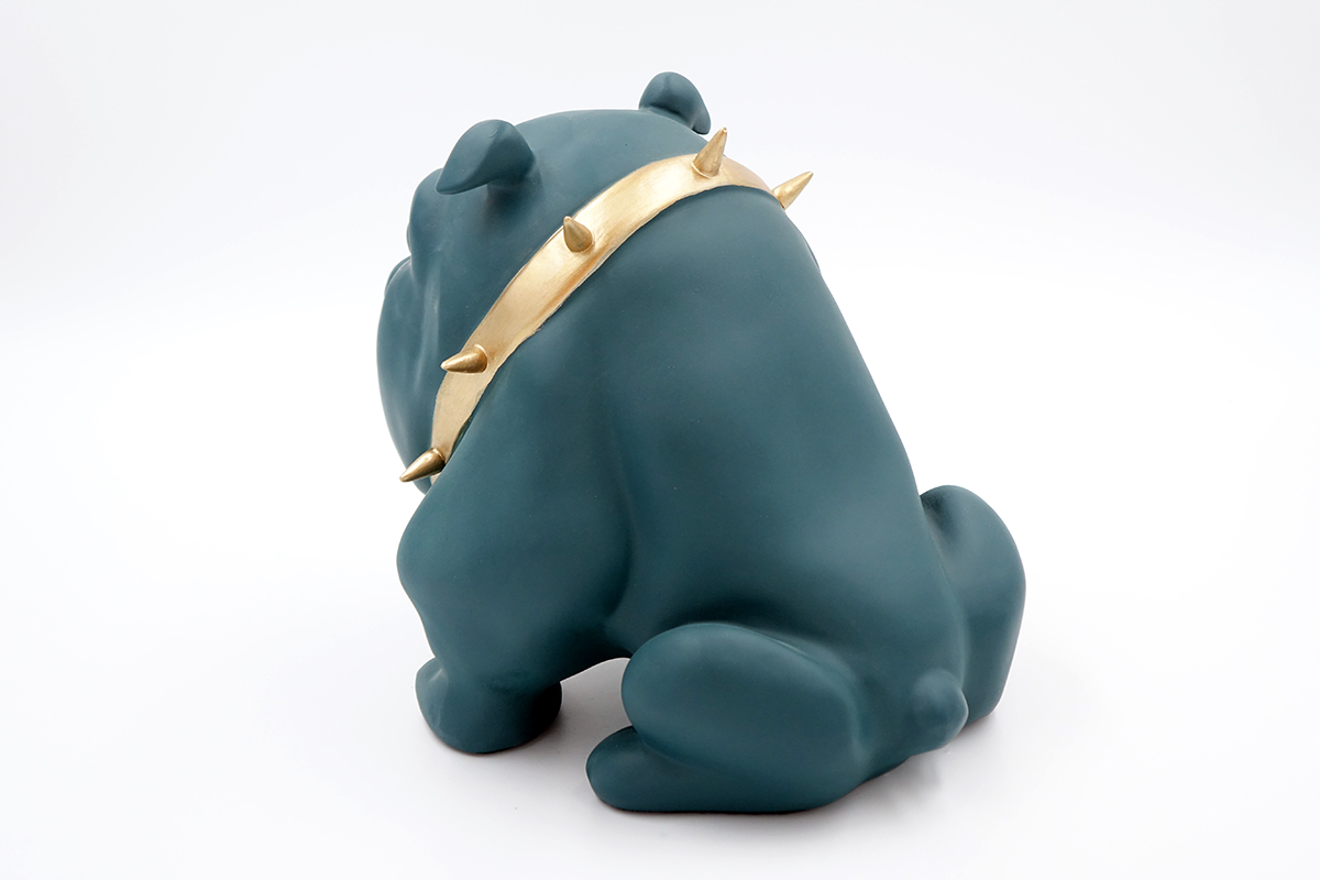 Bulldog Avella Dog 55cm - Green Mat 2 Dark green figurine of a bulldog with a golden spiked collar.