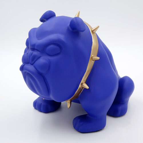 Blue bulldog figurine with a gold spiked collar.