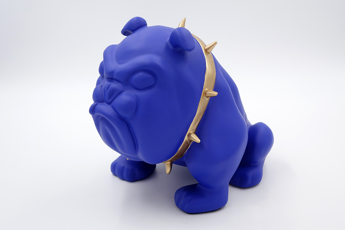 Dog Bulldog Avella 55cm - Matte Blue 1 Blue bulldog figurine with a gold spiked collar.