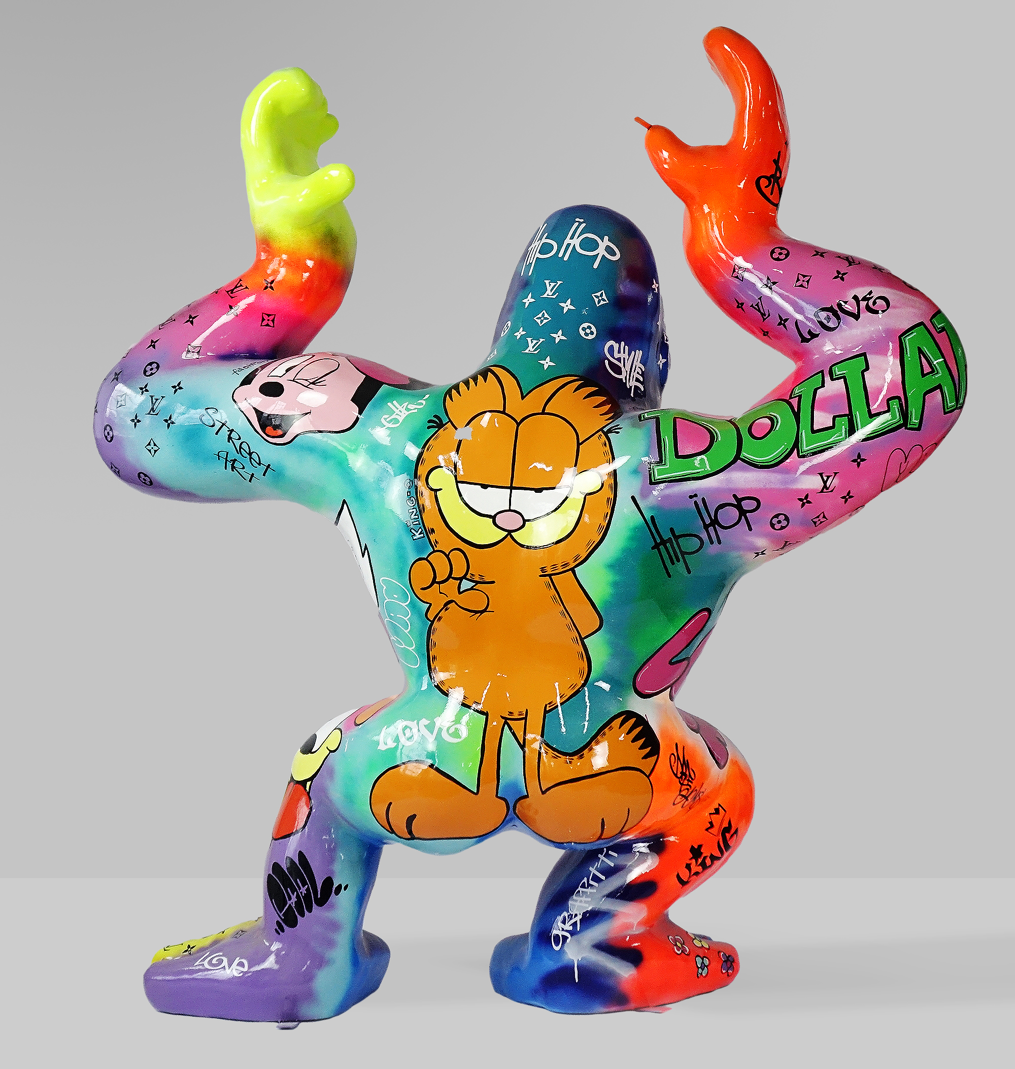 Large gorilla with a barrel - pop art 2 Colorful sculpture with graffiti art featuring cartoon characters and words like