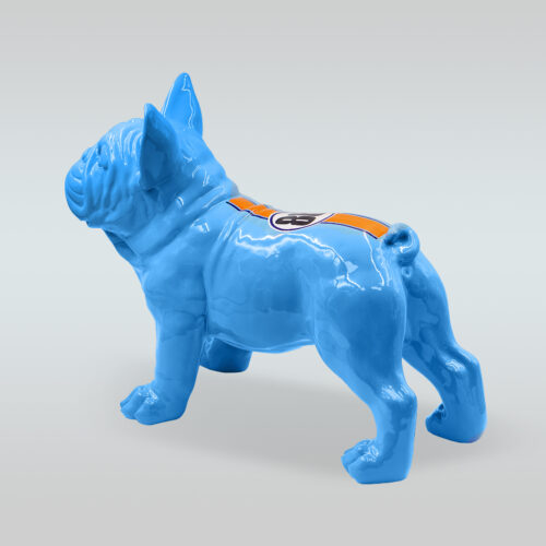 Blue ceramic bulldog figure with an orange stripe and circular logo on its back.
