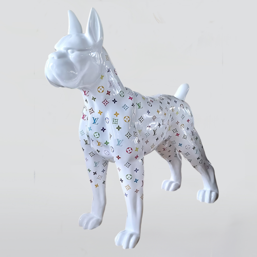 White ceramic dog statue with multicolored Louis Vuitton logos.