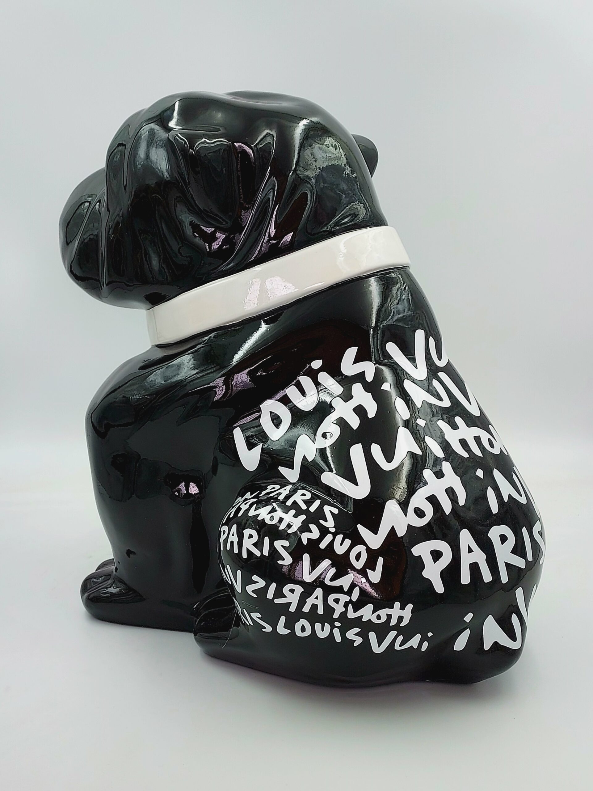 Bulldog Angelo 60cm dog - Louis Paris 2 Black ceramic dog figurine with white graffiti-style text reading