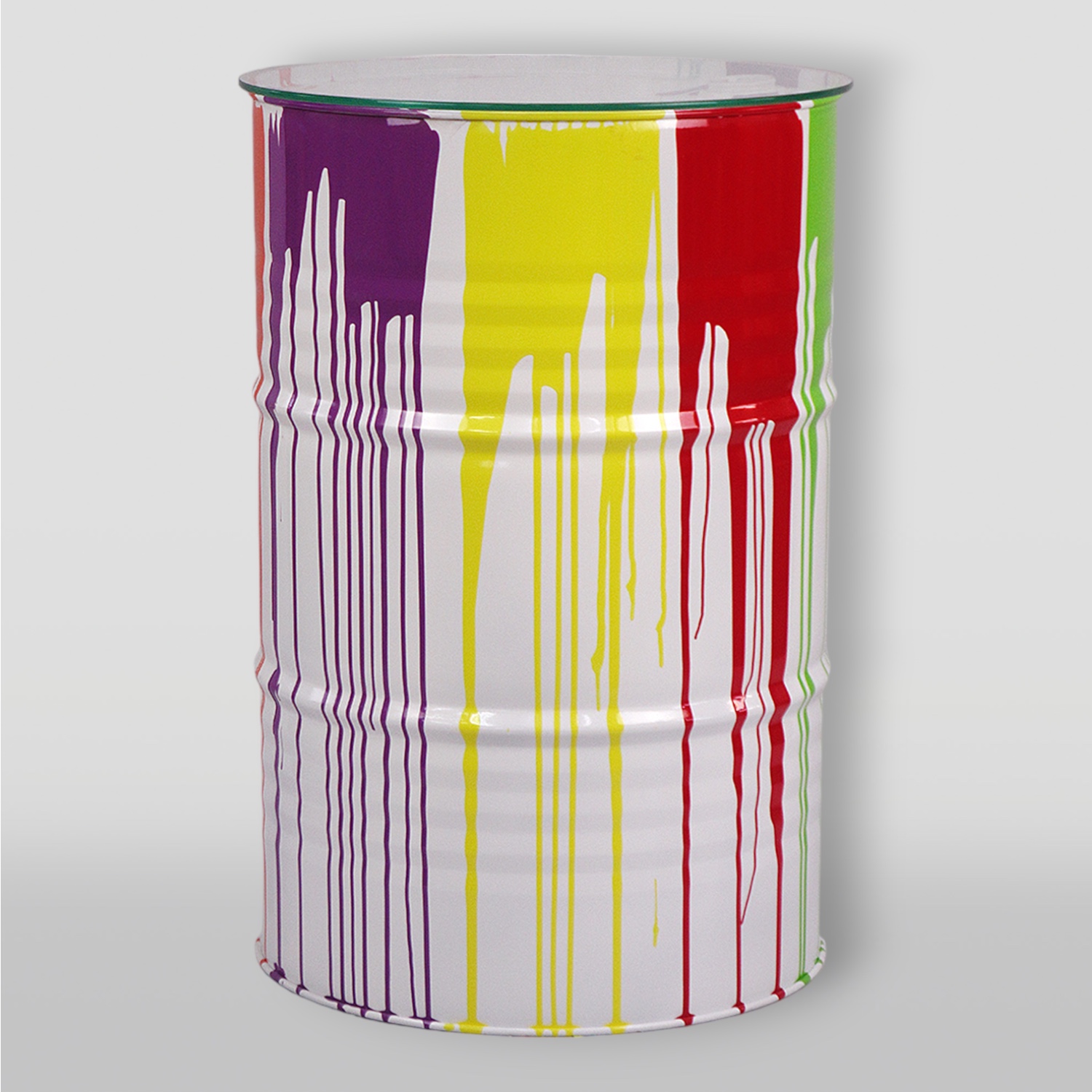 Barrel - White Trash 1 White metal barrel with vertical streaks of purple, yellow, red, and green paint dripping down the sides.