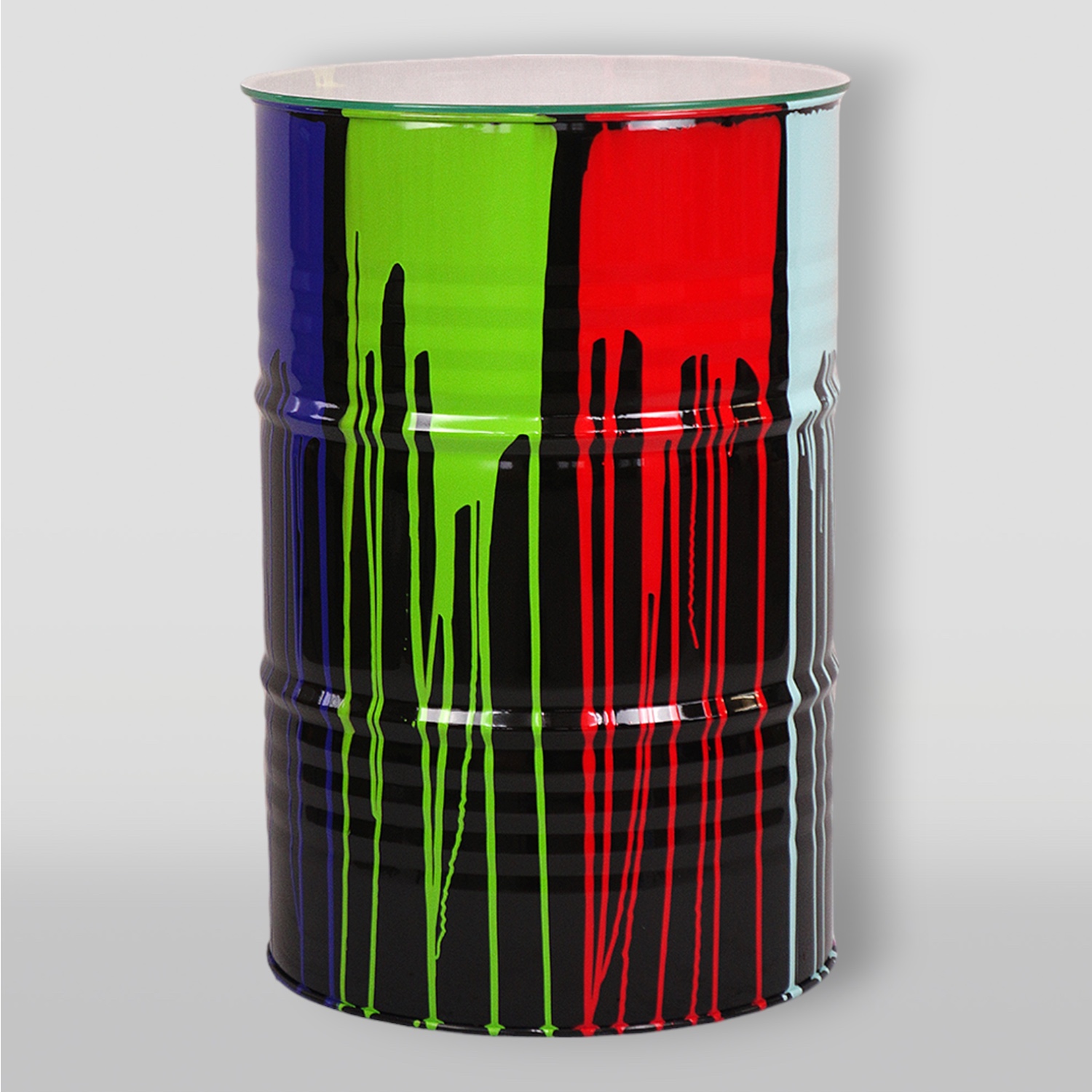 Barrel - black trash 1 Colorful oil drum with streaks of blue, green, and red paint on a gray background.
