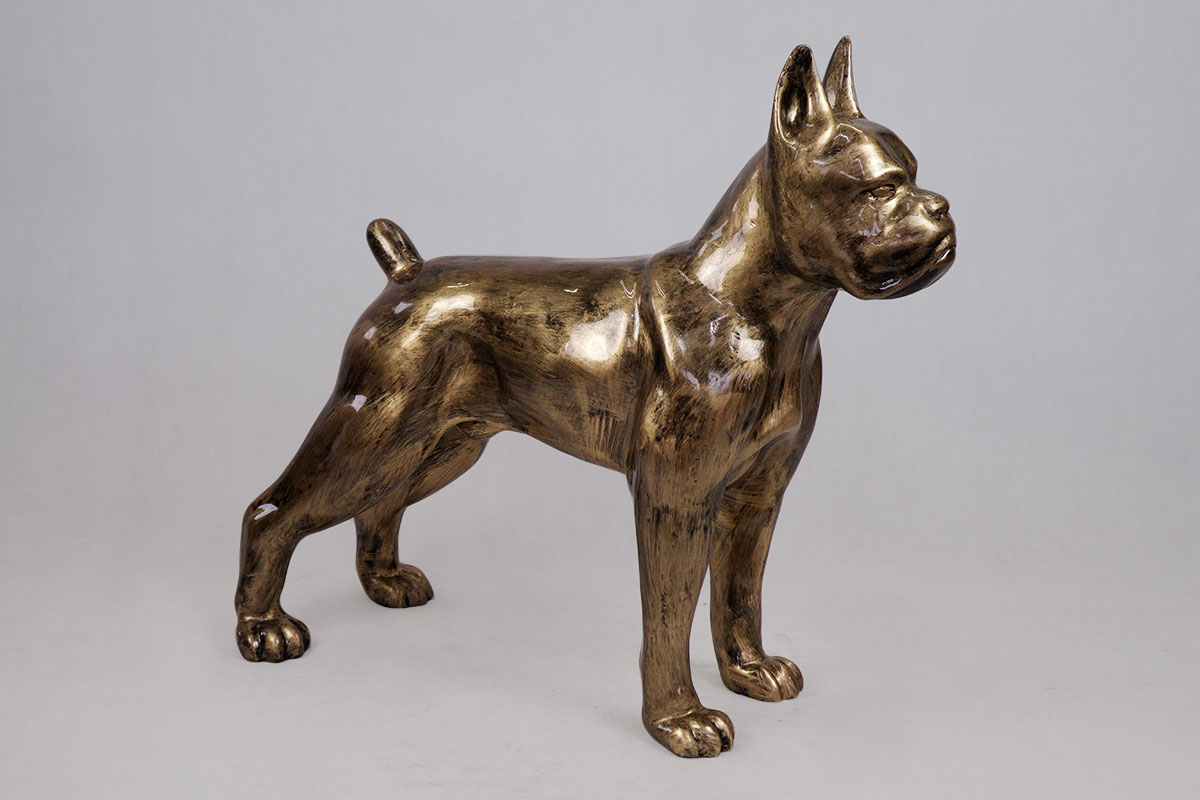 Standing Boxer Dog L - Golden Patina 1 Bronze sculpture of a standing dog with cropped ears and a docked tail.