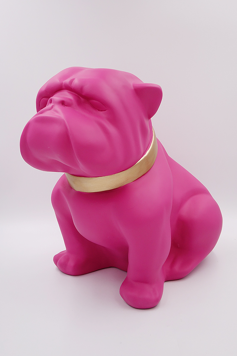 Dog Bulldog Angelo 60cm - Matte Painting 3 Pink bulldog statue with a gold collar.