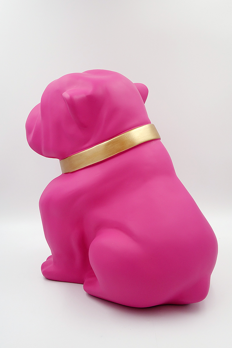 Dog Bulldog Angelo 60cm - Matte Painting 4 Pink bulldog sculpture with a gold collar, viewed from the back.