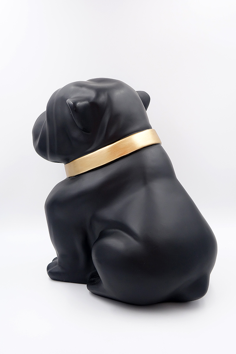 Dog Bulldog Angelo 60cm - Matte Painting 2 Black bulldog figurine wearing a gold collar, facing away.