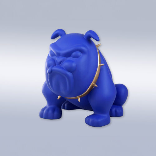Blue bulldog statue wearing a gold spiked collar.