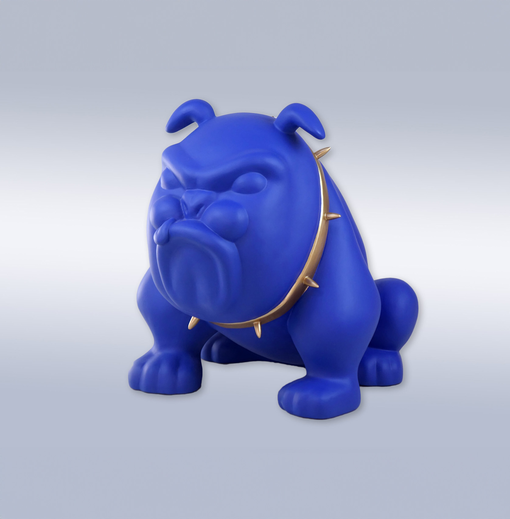 Bulldog Avella dog 22cm - blue mat 1 Blue bulldog statue wearing a gold spiked collar.