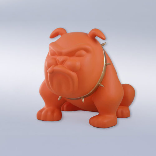 Orange cartoonish bulldog figurine with a spiked collar.