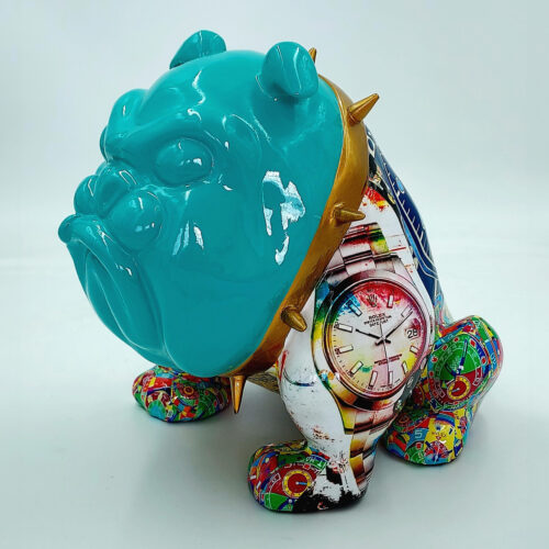 A sculpture of a stylized bulldog with a glossy teal head and colorful, patterned body featuring a watch design, wearing a gold spiked collar.