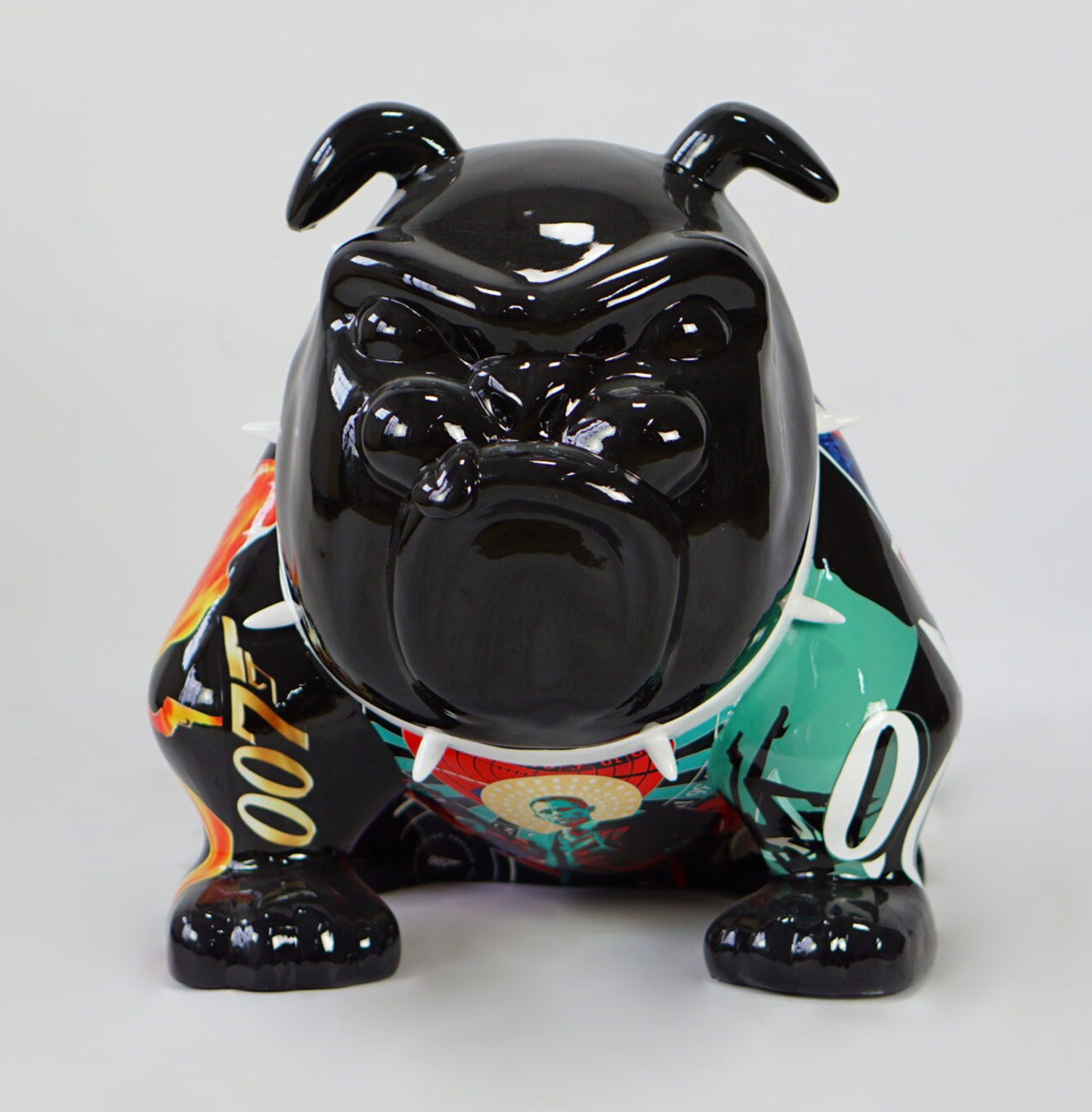 Bulldog Avella 55cm dog - James Bond 1 Black ceramic bulldog statue with multicolored tattoo-style designs on its body.