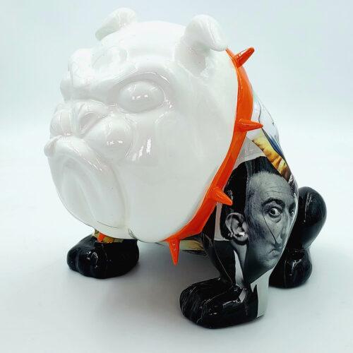 Ceramic bulldog figurine with an orange spiked collar and black-and-white artistic prints.