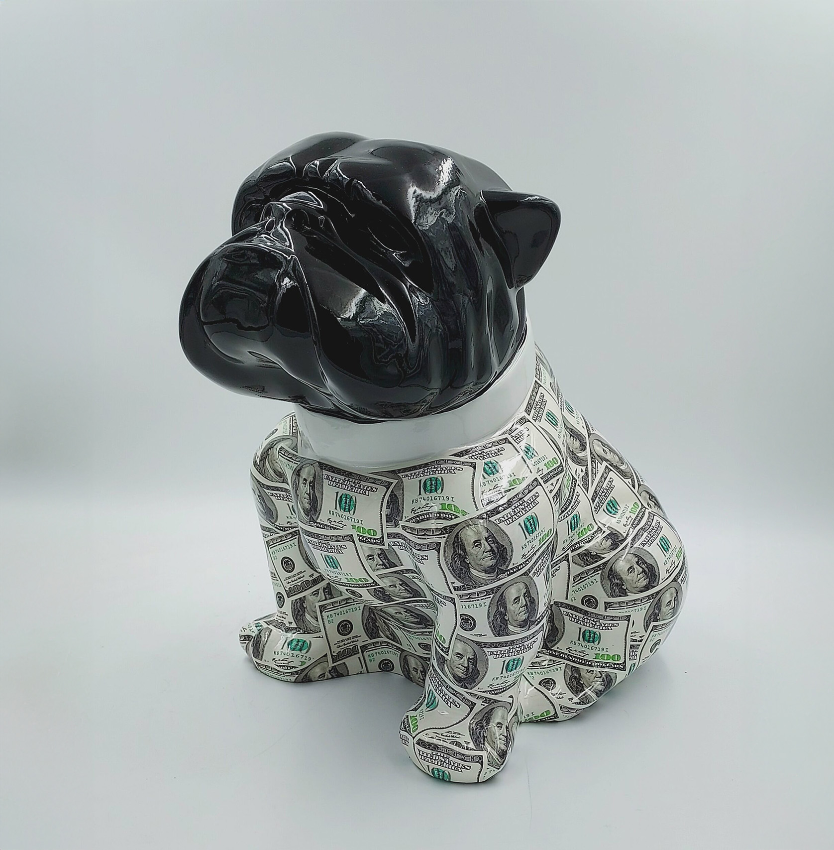 Bulldog Angelo 40cm dog - Dollars 1 Black ceramic dog sculpture covered with $100 bills.
