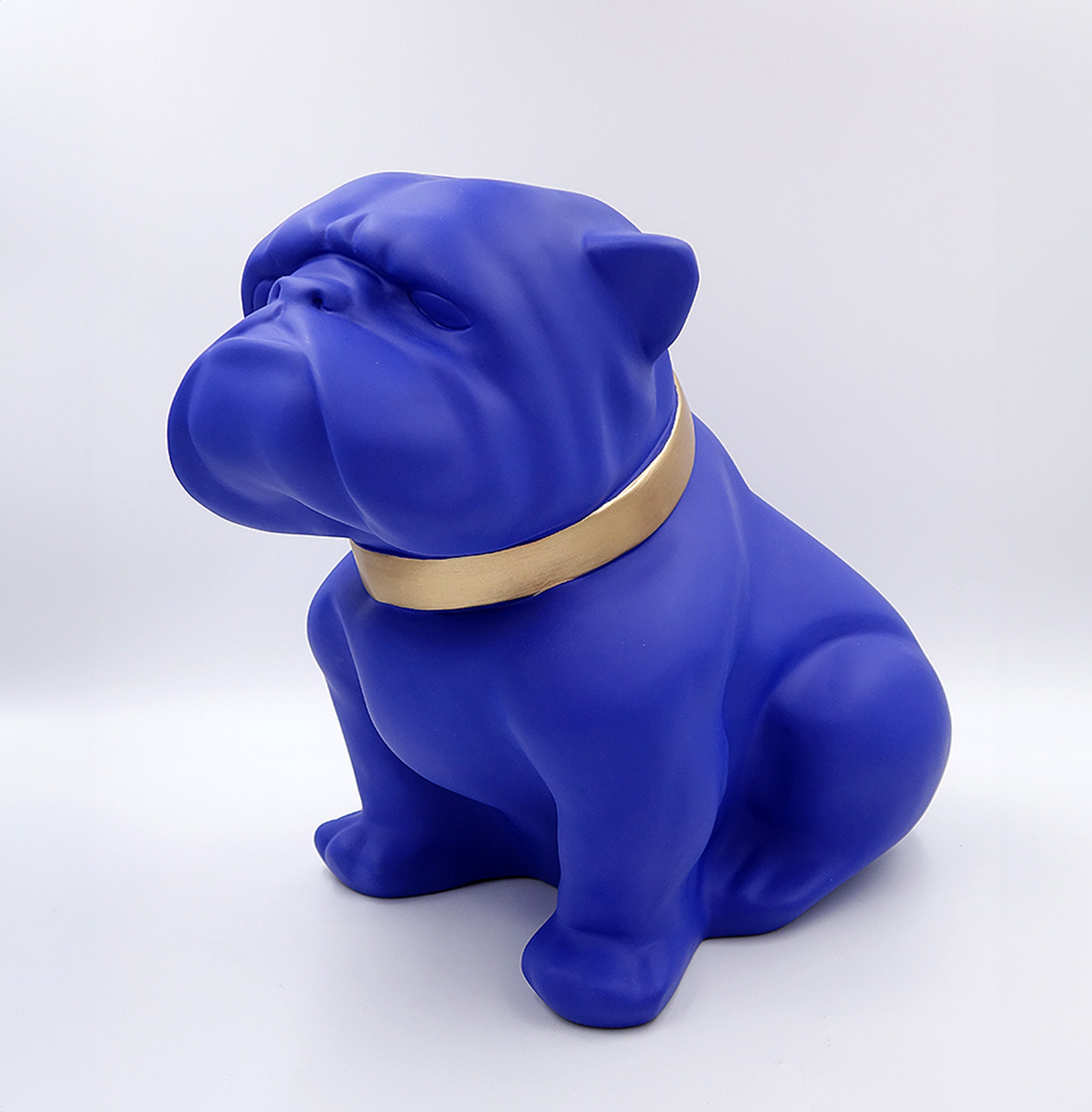 Dog Bulldog Angelo 40cm - Matte Painting 1 Blue bulldog statue wearing a gold collar.