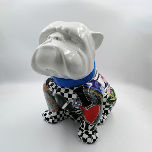 Ceramic bulldog statue with a glossy white head and multicolored, patterned body, featuring a blue collar.