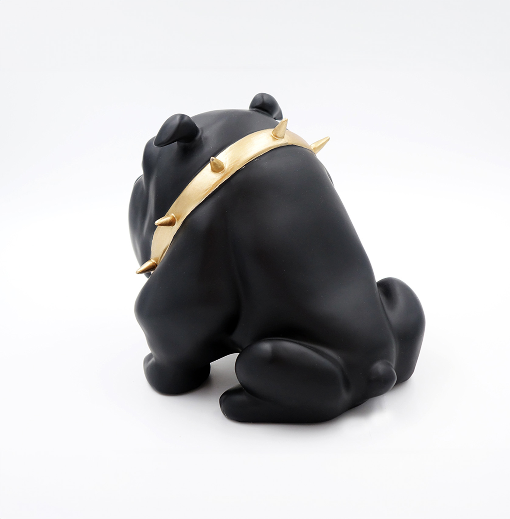 Bulldog Avella dog 22cm - black mat 2 Black bulldog figurine with a gold spiked collar, facing away.