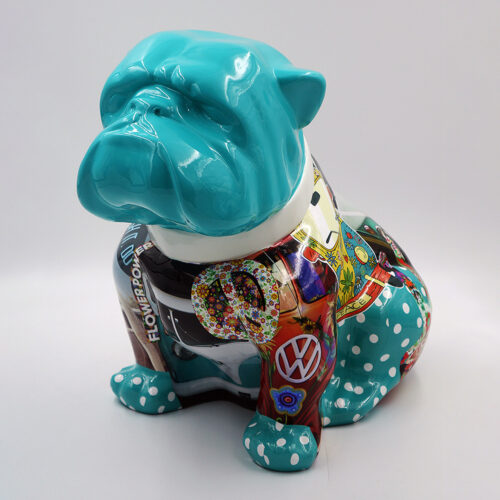 Colorful ceramic bulldog statue with a glossy turquoise head and legs, decorated with various vibrant patterns and images on its body.