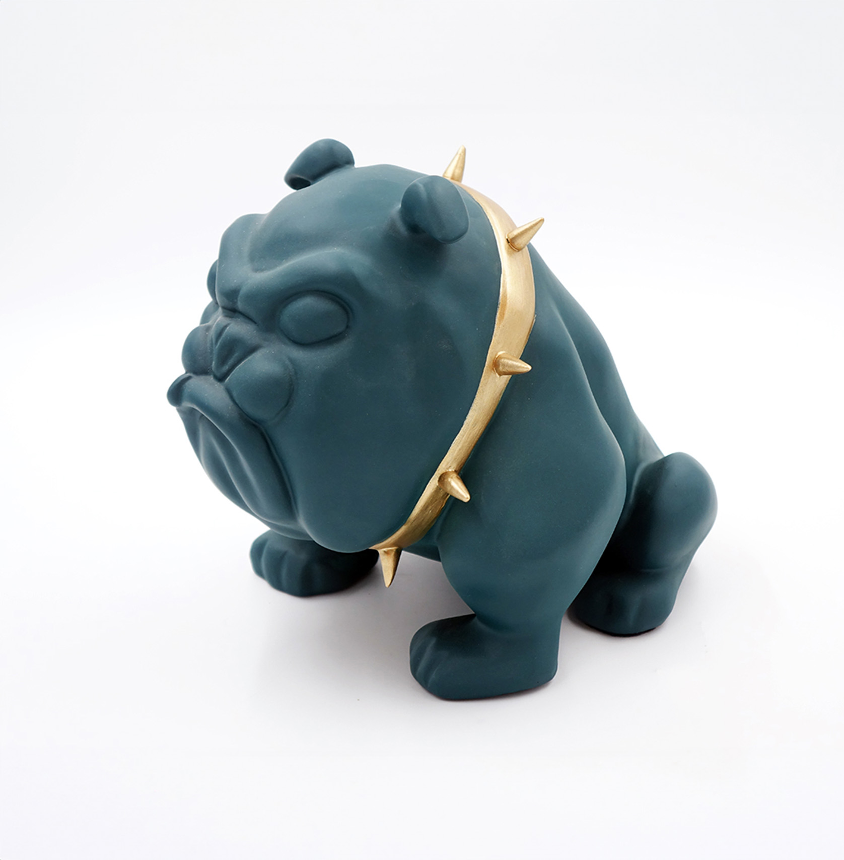 Dog Bulldog Avella 22cm - Matte Green 1 A dark teal bulldog sculpture with a gold spiked collar.