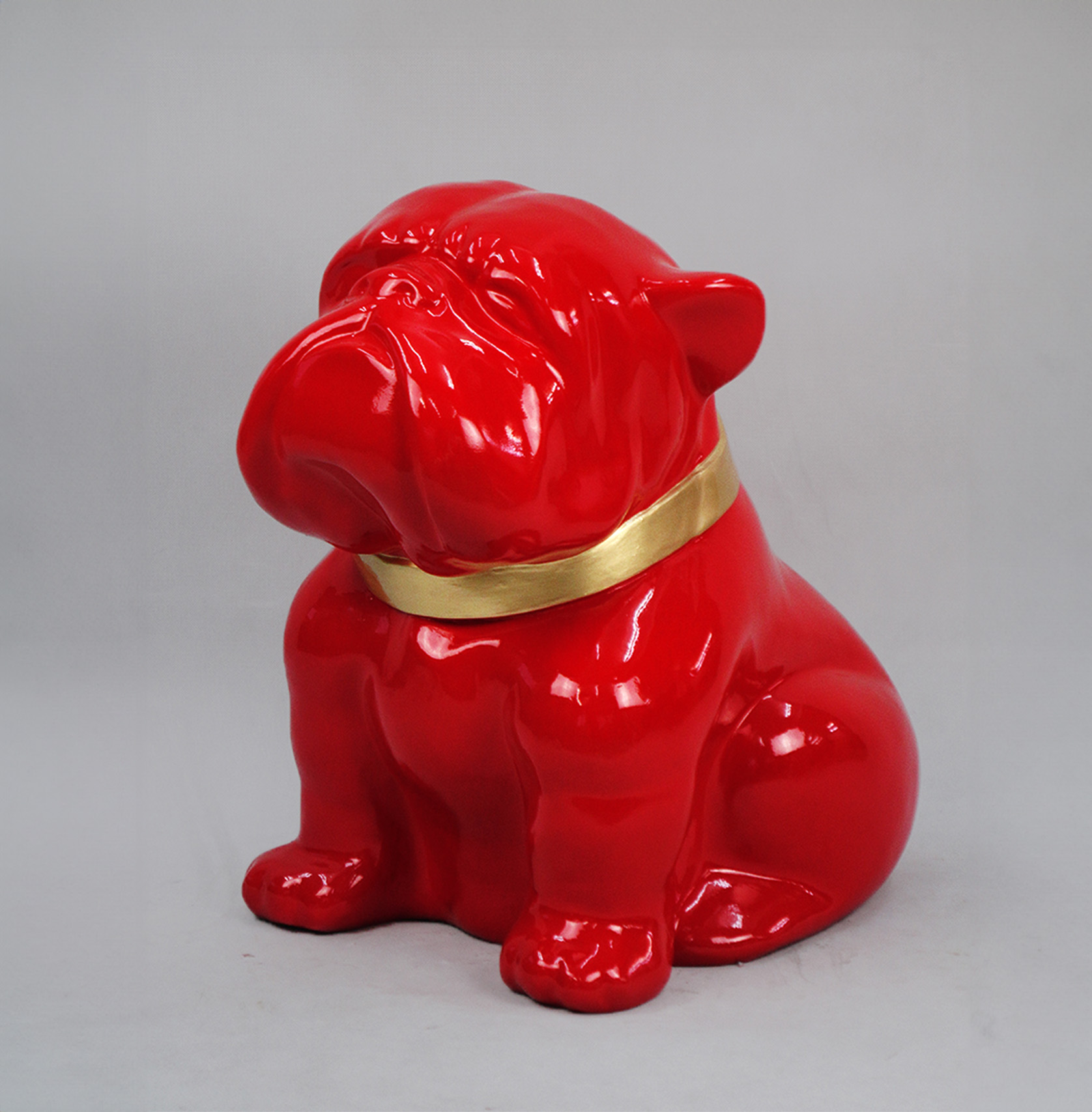 Bulldog Angelo 40cm dog - painted gloss 1 Red bulldog statue with a gold collar.