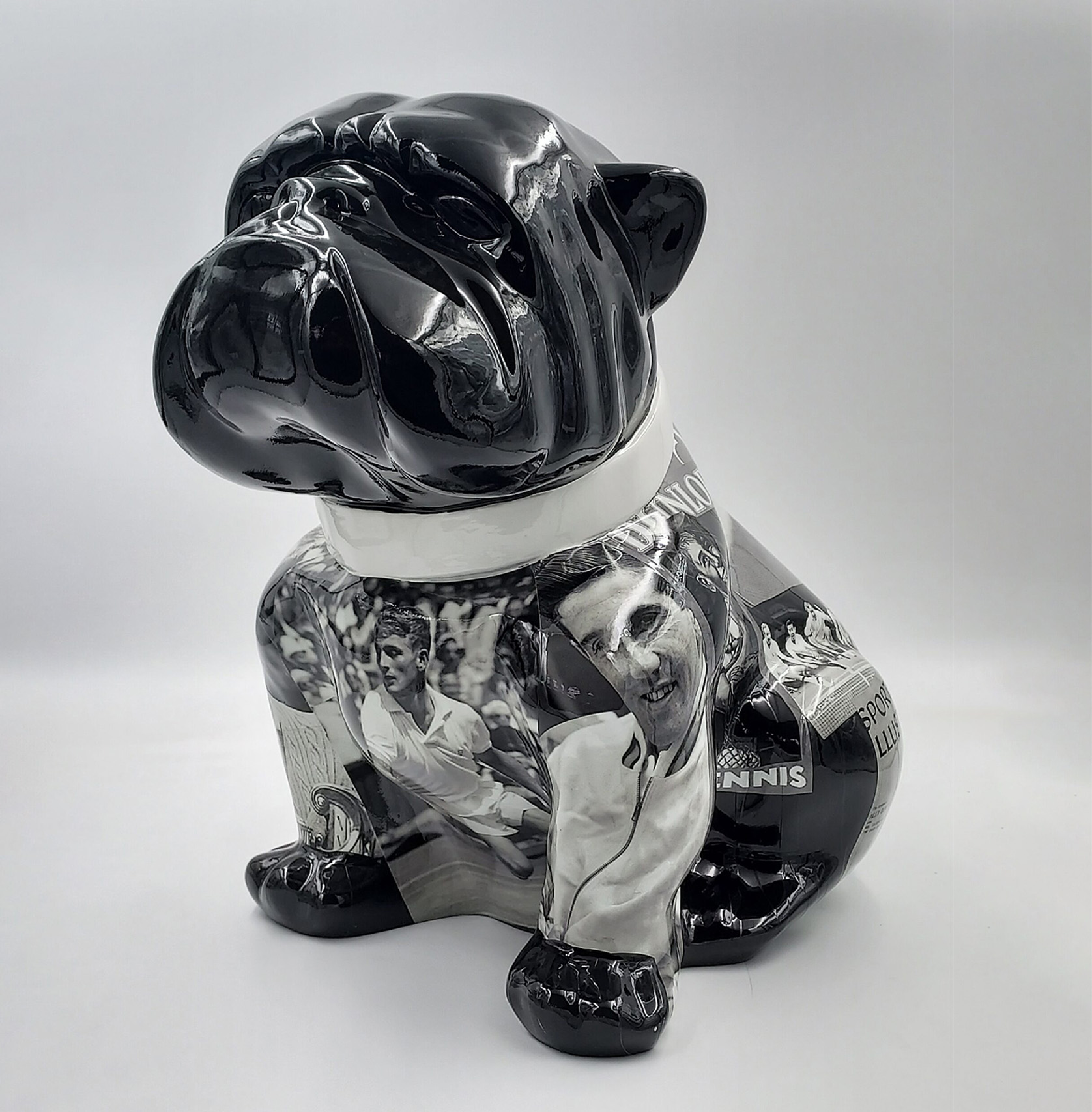 Bulldog Angelo 60cm dog - Tennis 1 Black ceramic bulldog sculpture with images of tennis players.