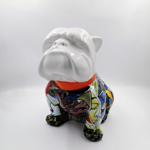 Ceramic bulldog statue with a white head and abstract, multicolored body.