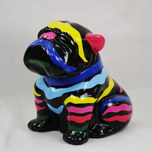 Colorful ceramic bulldog figurine with neon stripes.