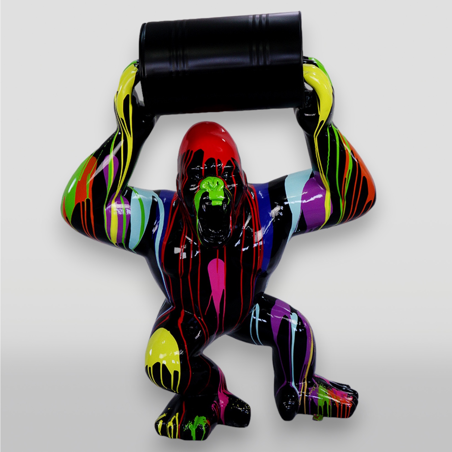 Gorilla Tono XL - Black Trash 1 Colorful gorilla sculpture holding a black barrel.