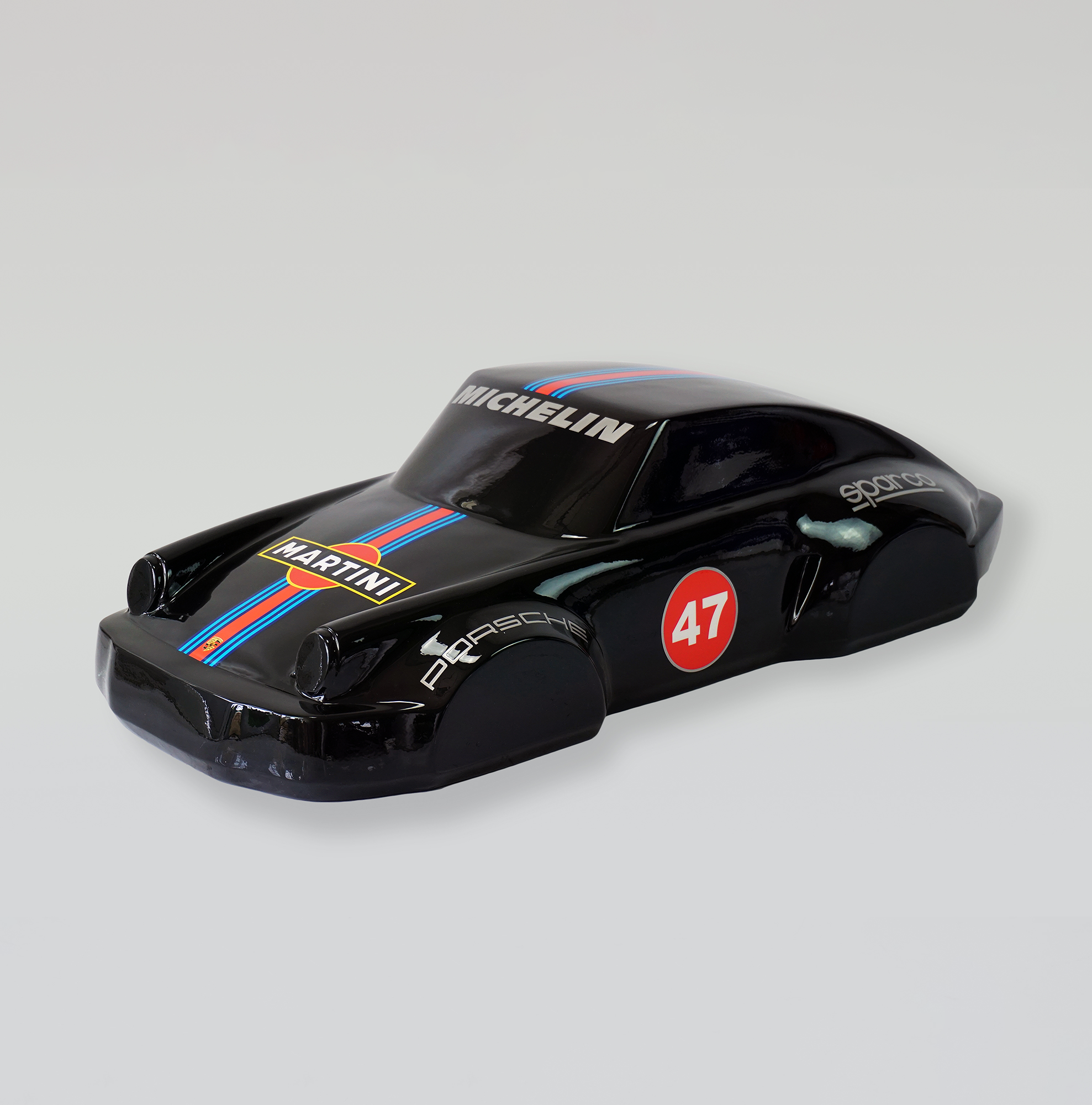 Car model 911 - motif 47 black 1 Black toy car with racing decals, including