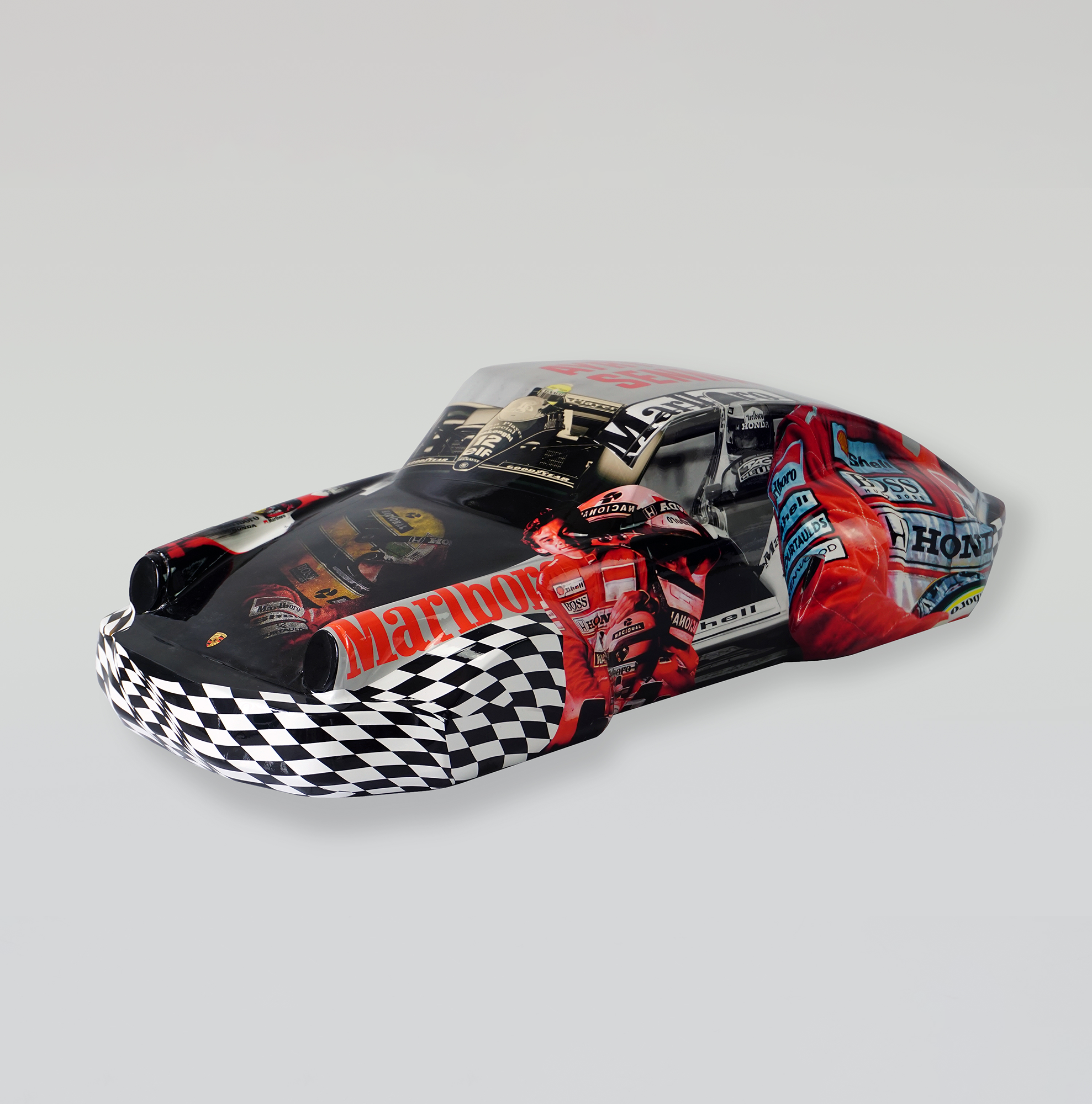 Car model 911 - full sticker AS 1 Decorative car bonnet featuring motorsport-themed graphics with a checkered pattern, racing cars, and drivers in red gear.