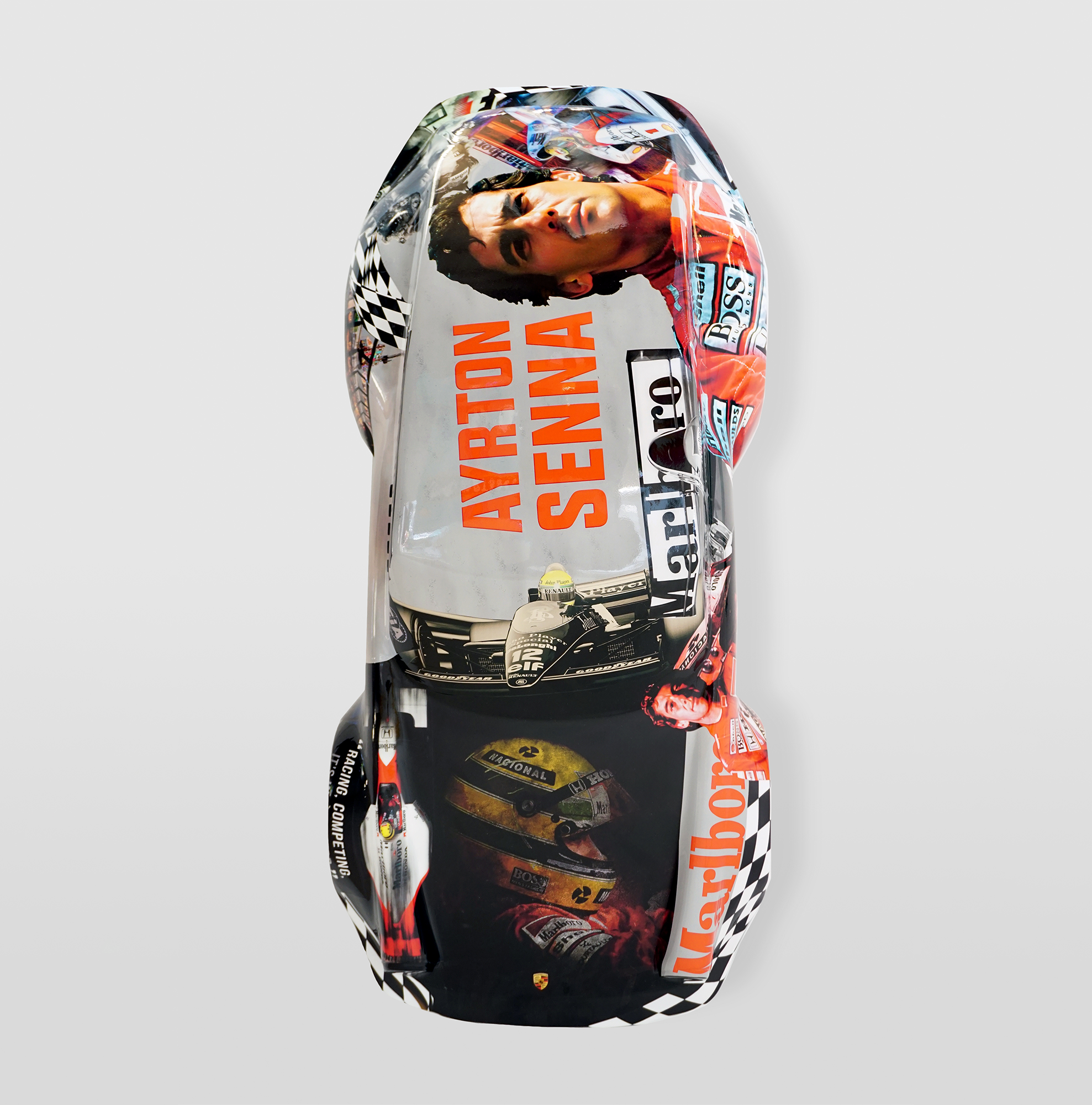 Car model 911 - full sticker AS 2 Model car decorated with images and text related to Ayrton Senna, including his name, face, race scenes, and sponsor logos.